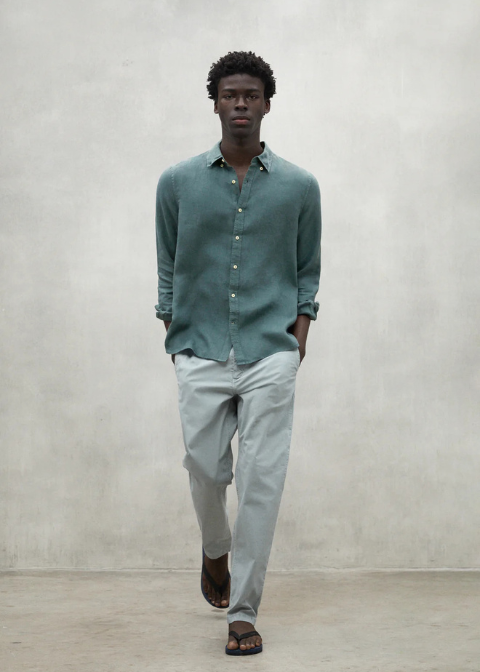 Camisa verde oscuro lisa lino