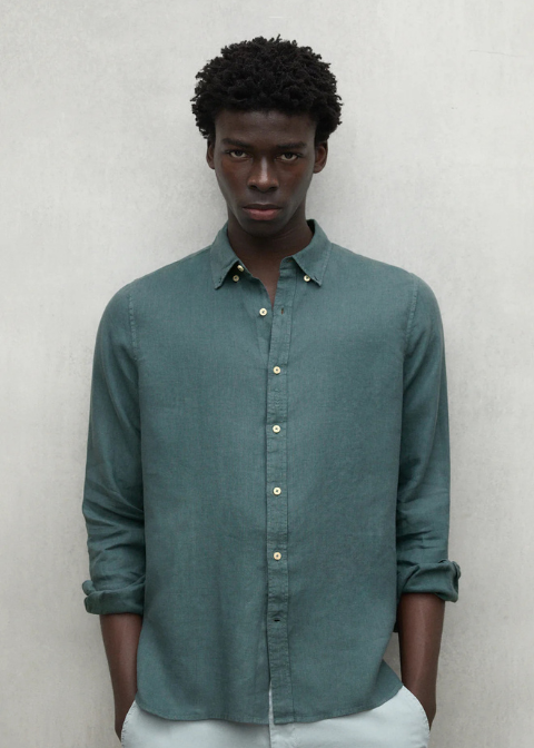 Camisa verde oscuro lisa lino