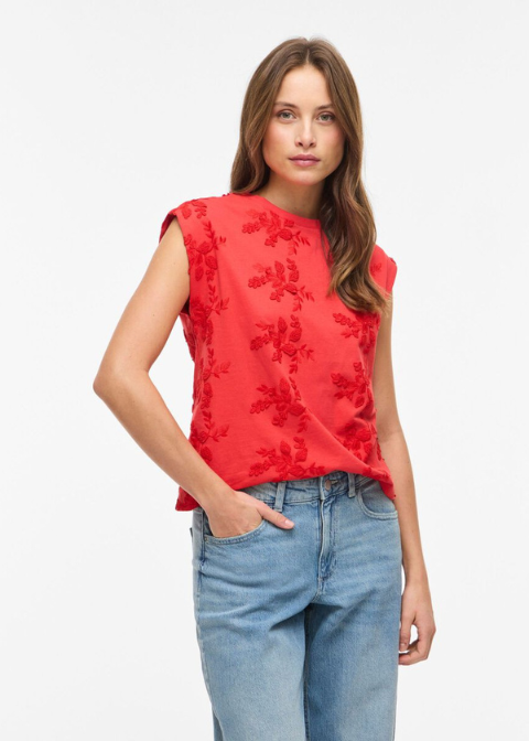Top VILA rojo flores bordadas