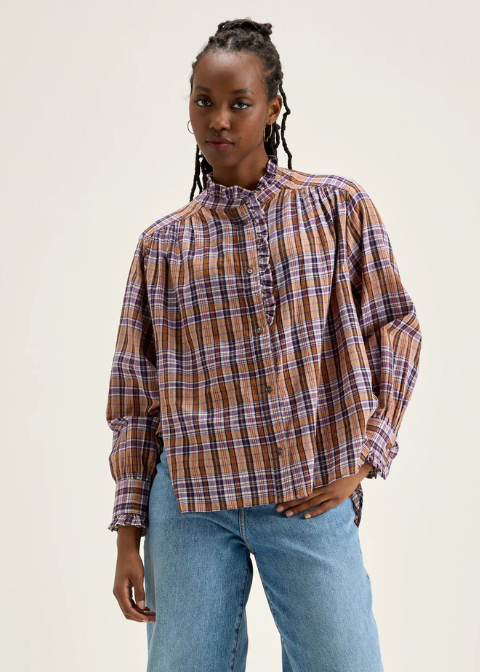 Blusa BELLEROSE marrón cuadro lila