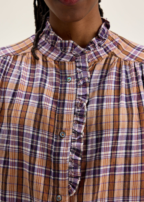 Blusa BELLEROSE marrón cuadro lila