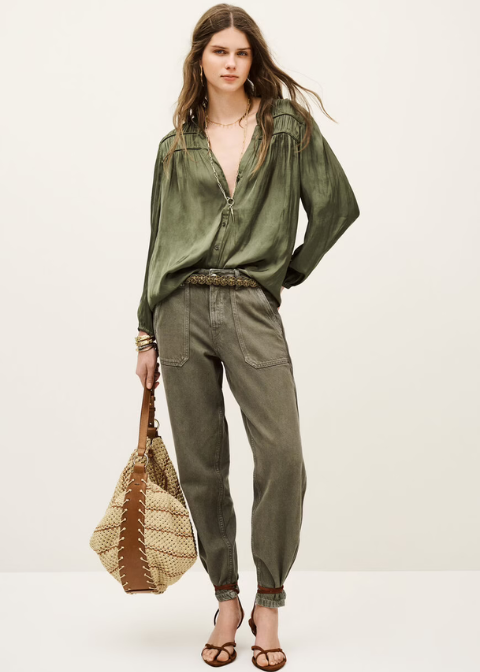 BASH. Blusa CESSIA verde viscosa m/l c/pico pliegues delanteros C·VERDET·1