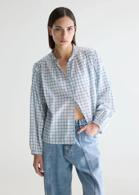 Blusa BELLEROSE azul cuadros grises