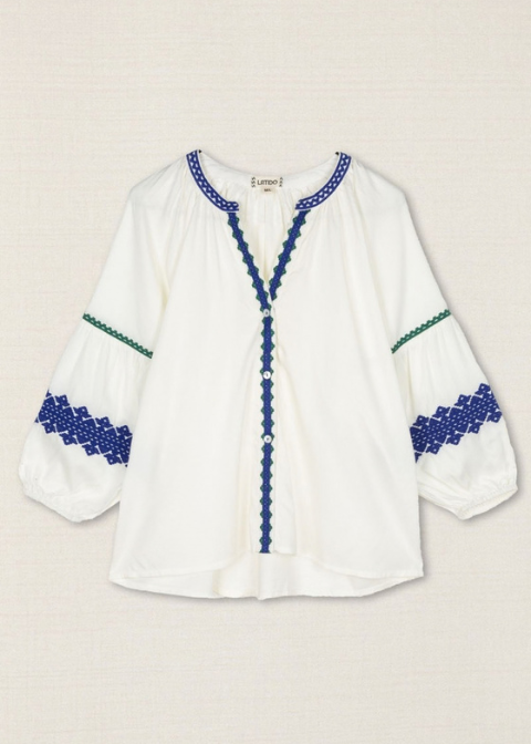 Blusa LATIDO blanca bordado azul étnico