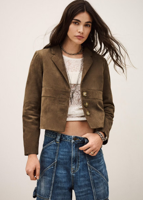 Chaqueta ba&sh verde oliva ante corta