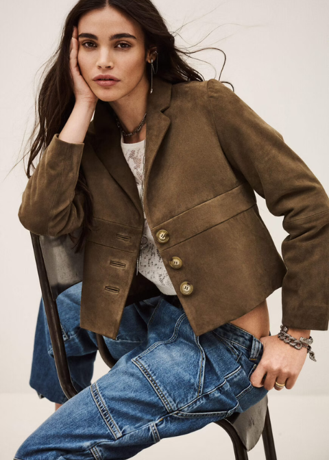 Chaqueta ba&sh verde oliva ante corta