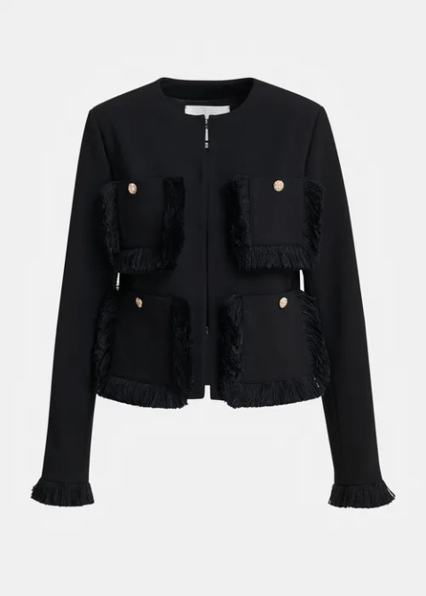 Chaqueta ESSENTIEL negra bolsillos flecos