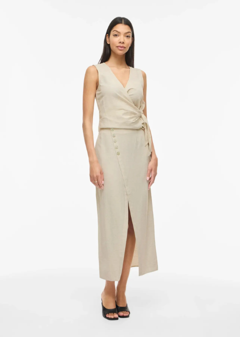 Falda VILA beige midi abertura botones