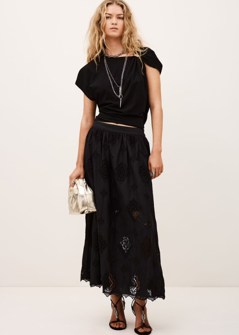 Falda BA&SH negro bordado bolsillos