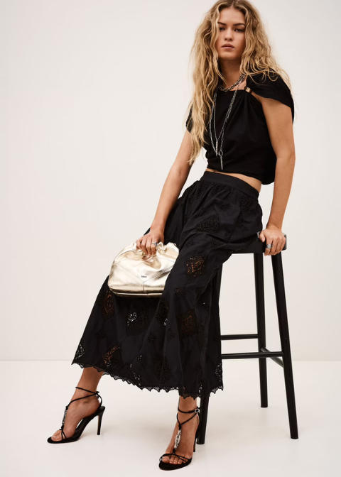 Falda BA&SH negro bordado bolsillos